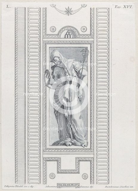 Plate 16: mythological figure holding a mirror, 1756. Creators: Bartolomeo Crivellari, Sebastiano Gamma.