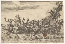 Plate 16: Ship of musicians with the sea god Claucus and tritons (Barcha di musici rapra C..., 1664. Creator: Unknown