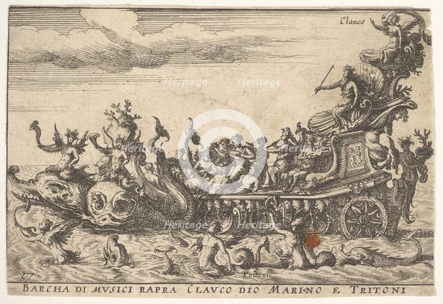 Plate 16: Ship of musicians with the sea god Claucus and tritons (Barcha di musici rapra C..., 1664. Creator: Unknown.