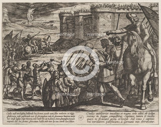 Plate 16: Roman Captives Before the Old Fortress, from The War of the Romans Against the B..., 1611. Creator: Antonio Tempesta.