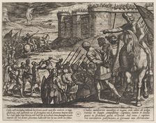 Plate 16: Roman Captives Before the Old Fortress, from The War of the Romans Against the B..., 1611. Creator: Antonio Tempesta