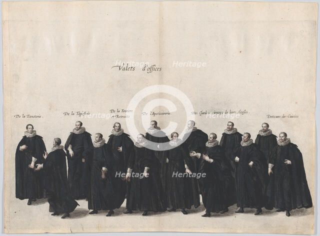 Plate 16: Valets marching in the funeral procession of Archduke Albert of Austria; from 'P..., 1623. Creator: Cornelis Galle I.