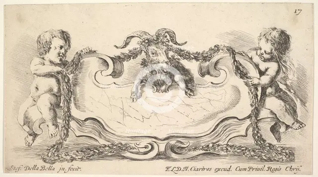 Plate 17: a cartouche with a marble center, an infant on either side holding a garland ove..., 1646. Creator: Stefano della Bella.