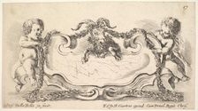 Plate 17: a cartouche with a marble center, an infant on either side holding a garland ove..., 1646. Creator: Stefano della Bella