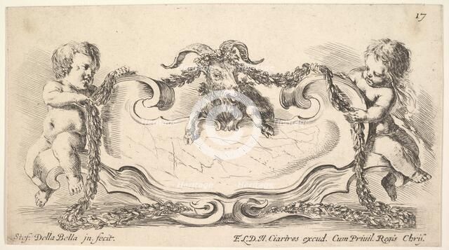 Plate 17: a cartouche with a marble center, an infant on either side holding a garland ove..., 1646. Creator: Stefano della Bella.
