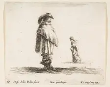 Plate 17: a man wearing a plumed hat in center facing right, a woman walking toward..., ca. 1644-47. Creator: Stefano della Bella