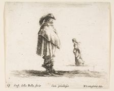 Plate 17: a man wearing a plumed hat in center facing right, a woman walking toward..., ca. 1644-47. Creator: Stefano della Bella