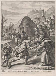 Plate 17: Aeneas welcomed by King Euandrus in Italy; from Guillielmus Becanus's Serenissi..., 1636. Creator: Cornelis Galle I