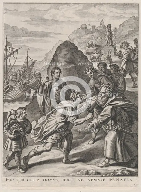 Plate 17: Aeneas welcomed by King Euandrus in Italy; from Guillielmus Becanus's 'Serenissi..., 1636. Creator: Cornelis Galle I.