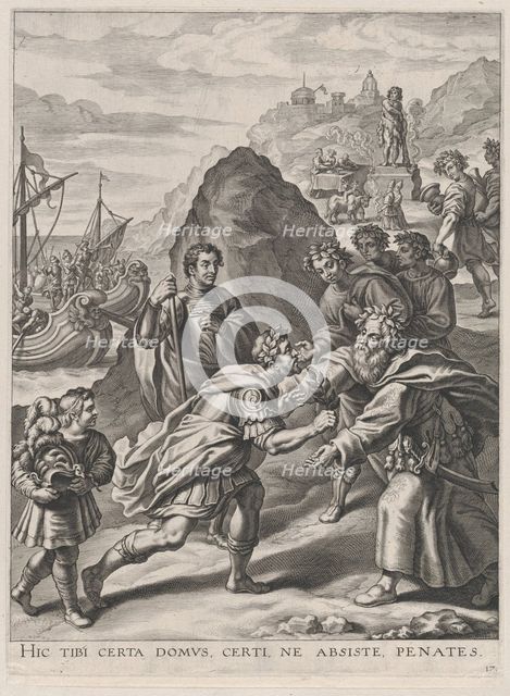Plate 17: Aeneas welcomed by King Euandrus in Italy; from Guillielmus Becanus's 'Serenissi..., 1636. Creator: Cornelis Galle I.