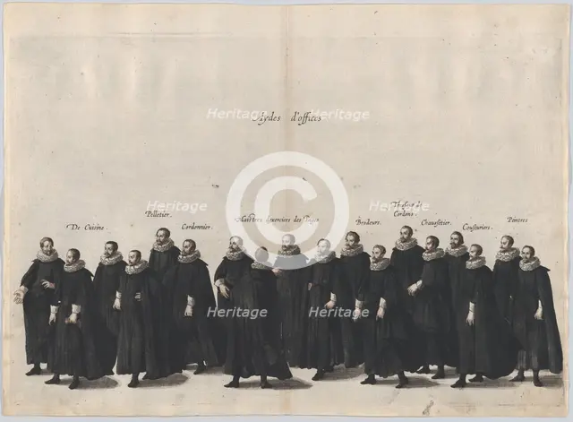 Plate 17: Aides marching in the funeral procession of Archduke Albert of Austria; from 'Po..., 1623. Creator: Cornelis Galle I.