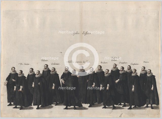 Plate 17: Aides marching in the funeral procession of Archduke Albert of Austria; from 'Po..., 1623. Creator: Cornelis Galle I.