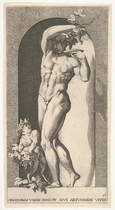 Plate 17: Bacchus standing in a niche, holding grapes over a plate, accompanied by an infa..., 1526. Creator: Giovanni Jacopo Caraglio