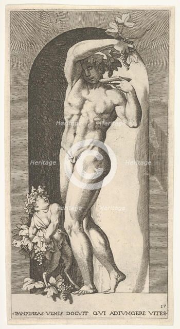 Plate 17: Bacchus standing in a niche, holding grapes over a plate, accompanied by an infa..., 1526. Creator: Giovanni Jacopo Caraglio.