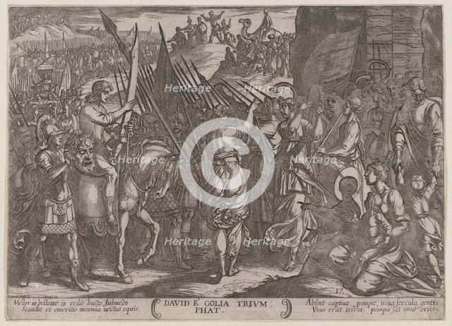 Plate 17: David Returning in Triumph with the Head of Goliath, from 'The Batt..., ca. 1590-ca. 1610. Creator: Antonio Tempesta.