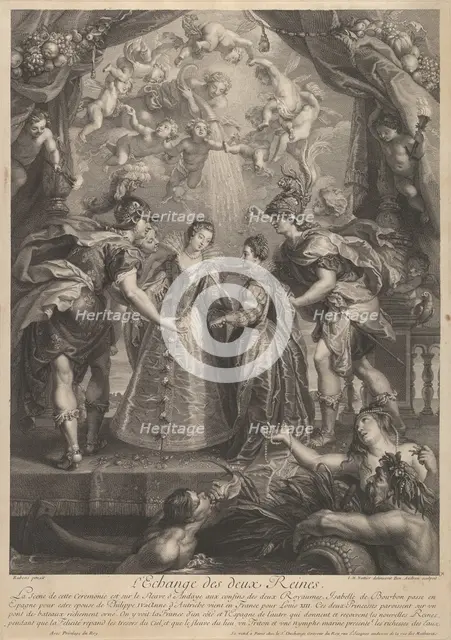 Plate 17: The exchange of the two princesses in Hendaye; allegorical scene with Anne of..., 1707-10. Creators: Benoit Audran I, Jean-Marc Nattier.