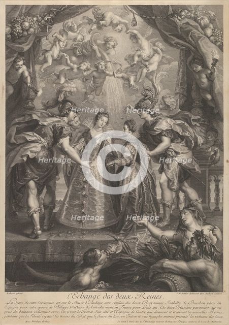 Plate 17: The exchange of the two princesses in Hendaye; allegorical scene with Anne of..., 1707-10. Creators: Benoit Audran I, Jean-Marc Nattier.