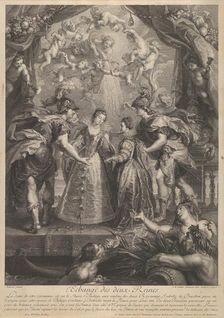 Plate 17: The exchange of the two princesses in Hendaye; allegorical scene with Anne of..., 1707-10. Creators: Benoit Audran I, Jean-Marc Nattier