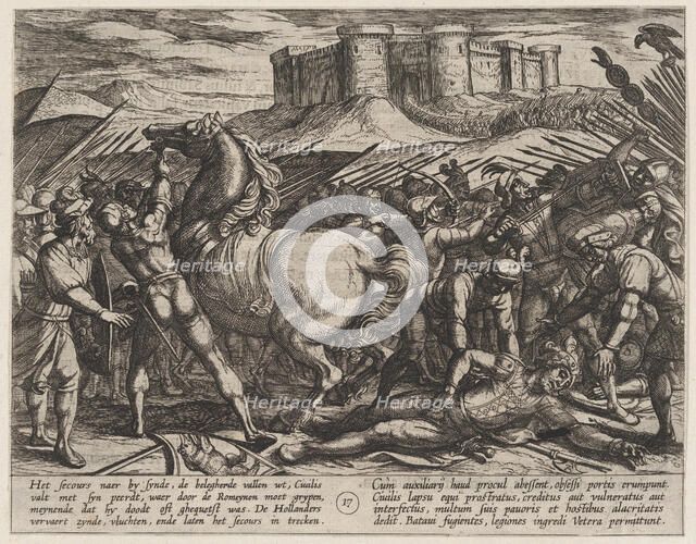 Plate 17: The Romans Misled by Civilis' Horse to Believe that He was Dead or Injured, from..., 1611. Creator: Antonio Tempesta.