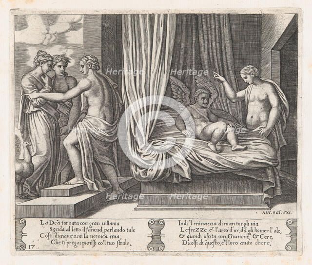 Plate 17: Venus chastising Cupid, who sits on a bed, with Psyche at right, from the Sto..., 1530-60. Creator: Master of the Die.