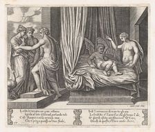 Plate 17: Venus chastising Cupid, who sits on a bed, with Psyche at right, from the Sto..., 1530-60. Creator: Master of the Die