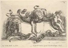 Plate 18: a cartouche containing an empty crest, two lionesses, one to left and one in cen..., 1646. Creator: Stefano della Bella