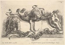 Plate 18: a cartouche containing an empty crest, two lionesses, one to left and one in cen..., 1646. Creator: Stefano della Bella