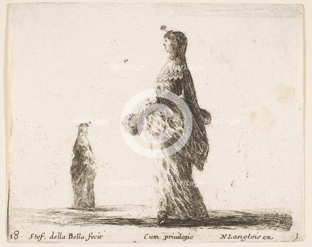 Plate 18: a noblewoman walking towards the left with a feathered fan, another woman..., ca. 1644-47. Creator: Stefano della Bella.