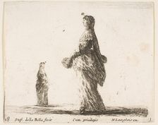 Plate 18: a noblewoman walking towards the left with a feathered fan, another woman..., ca. 1644-47. Creator: Stefano della Bella
