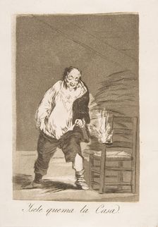 Plate 18 from Los Caprichos':And his house is on fire (Ysele quema la Casa.), 1799. Creator: Francisco Goya