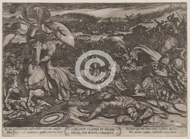 Plate 18: Saul's Suicide after His Defeat by the Philistines, from 'The Battl..., ca. 1590-ca. 1610. Creator: Antonio Tempesta.