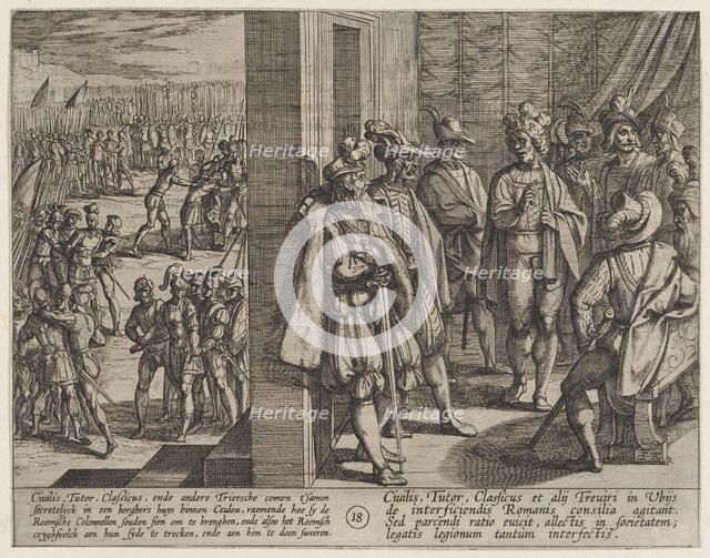 Plate 18: Secret Meeting of Civilis with Other Leaders from Trier, from The War of the Rom..., 1611. Creator: Antonio Tempesta.