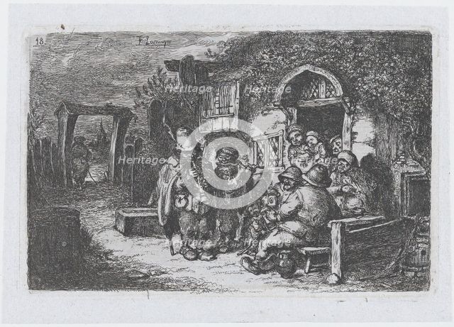 Plate 18: street musicians and other figures outisde a tavern, from the series of customs ..., 1850. Creator: Francisco Lameyer Berenguer.