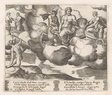 Plate 18: Venus in her dove-drawn chariot complaining to Jupiter, who is accompanied by..., 1530-60. Creator: Master of the Die