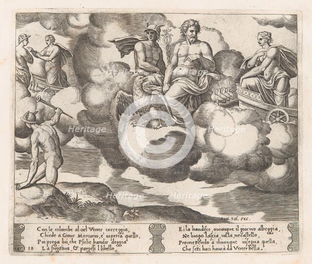 Plate 18: Venus in her dove-drawn chariot complaining to Jupiter, who is accompanied by..., 1530-60. Creator: Master of the Die.