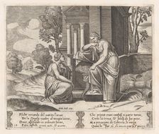 Plate 19: Ceres at right, leaning on a pedestal, refusing to assist Psyche, from the St..., 1530-60. Creator: Master of the Die