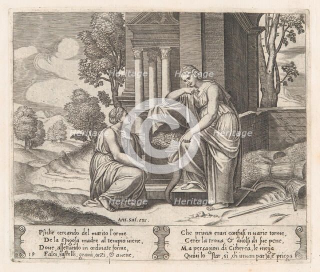 Plate 19: Ceres at right, leaning on a pedestal, refusing to assist Psyche, from the St..., 1530-60. Creator: Master of the Die.