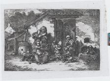 Plate 19: a family and a boy playing with a dog outside a house, from the series of custom..., 1850. Creator: Francisco Lameyer Berenguer