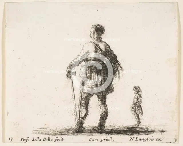 Plate 19: a Polish nobleman in court dress, standing in center, seen from behind, a..., ca. 1644-47. Creator: Stefano della Bella.