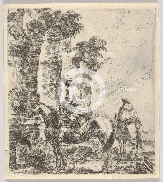 Plate 19: a rider making his horse drink from a basin of a fountain at left, another h..., ca. 1646. Creator: Stefano della Bella.