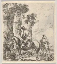Plate 19: a rider making his horse drink from a basin of a fountain at left, another h..., ca. 1646. Creator: Stefano della Bella