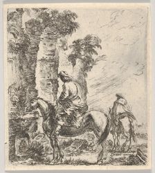 Plate 19: a rider making his horse drink from a basin of a fountain at left, another h..., ca. 1646. Creator: Stefano della Bella