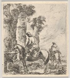 Plate 19: a rider making his horse drink from a basin of a fountain at left, another h..., ca. 1646. Creator: Stefano della Bella