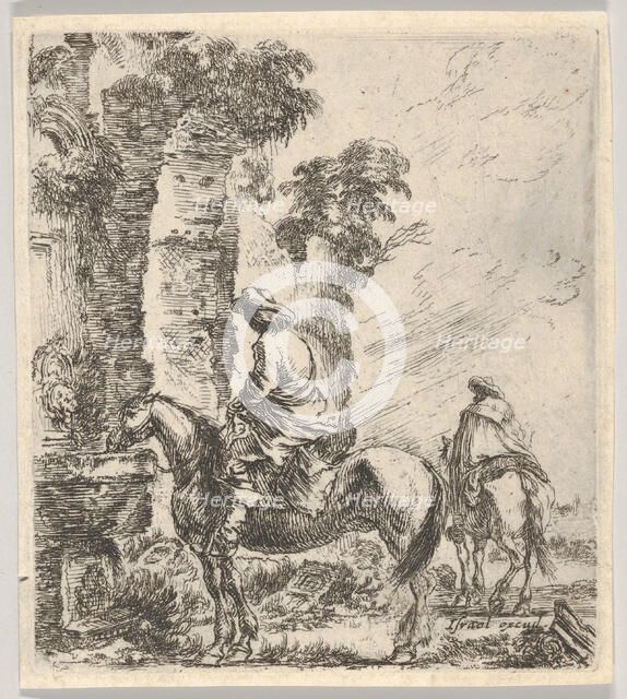 Plate 19: a rider making his horse drink from a basin of a fountain at left, another h..., ca. 1646. Creator: Stefano della Bella.