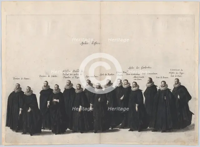 Plate 19: Aides marching in the funeral procession of Archduke Albert of Austria; from 'Po..., 1623. Creator: Cornelis Galle I.