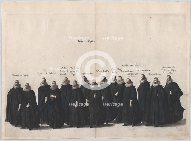 Plate 19: Aides marching in the funeral procession of Archduke Albert of Austria; from 'Po..., 1623. Creator: Cornelis Galle I.