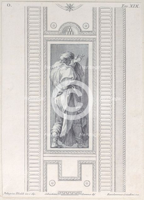 Plate 19: figure seen from behind with left hand raised, 1756. Creators: Bartolomeo Crivellari, Sebastiano Gamma.