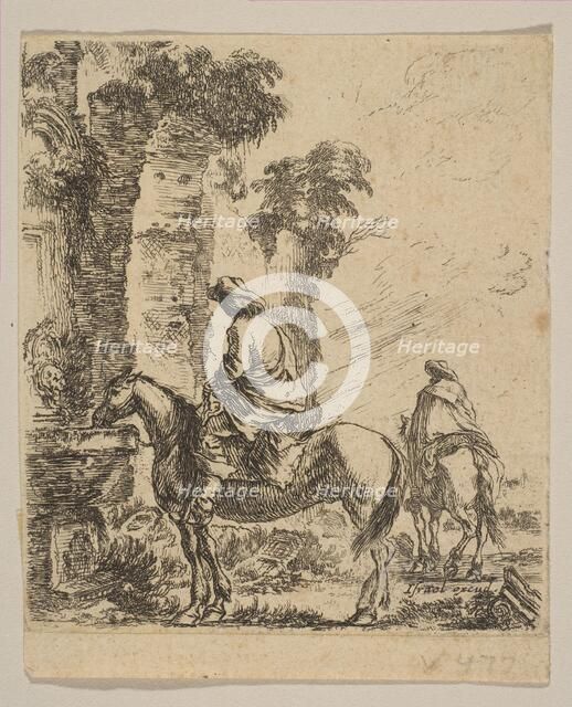 Plate 19: Landscape with a Cavalier Watering His Horse at a Fountain, from 'Various fi..., ca. 1646. Creator: Stefano della Bella.