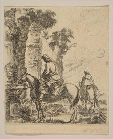 Plate 19: Landscape with a Cavalier Watering His Horse at a Fountain, from Various fi..., ca. 1646. Creator: Stefano della Bella
