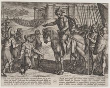 Plate 19: Men from the Fortress Surrender and Pledge Their Lives to Civilis, from The War ..., 1611. Creator: Antonio Tempesta